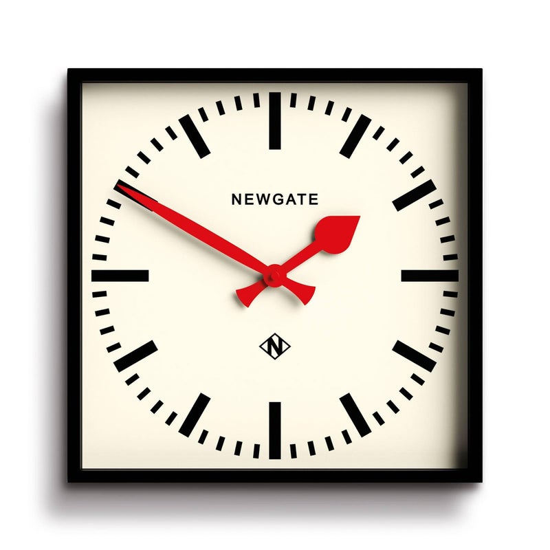 NEWGATE Number Five wall clock  Square retro inspired modern station clock  40cm  Black with red hands  Mid century style for kitchen living room or office
