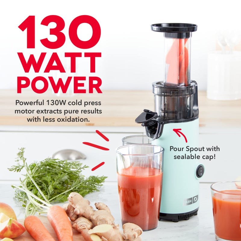 Dash DASH Deluxe Compact Masticating Slow Juicer, Easy to Clean Cold Press Juicer with Brush, Pulp Measuring Cup, Frozen Attachment and Juice Recipe Guide - Aqua  - Image 2