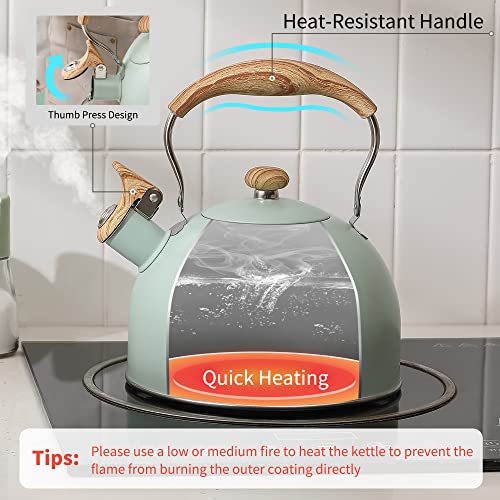 LONFFERY Tea Kettle for Stove Top, 2.5 Quart Whistling Tea Kettle, with Food Grade Stainless Steel and Wood Pattern Folding Handle, Turquoise - Image 4