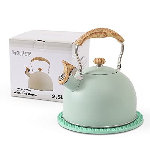 LONFFERY Tea Kettle for Stove Top, 2.5 Quart Whistling Tea Kettle, with Food Grade Stainless Steel and Wood Pattern Folding Handle, Turquoise - Image 1