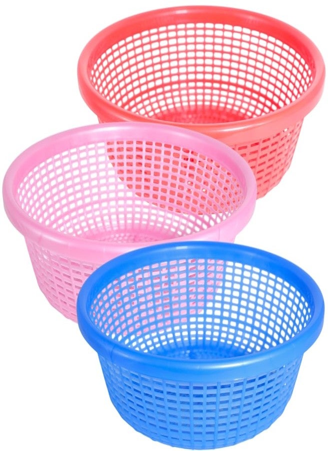 Simply Home Avika Small Round Organizer Plastic Baskets| Kitchen, Bathroom, Office & Home – Durable, Stackable,Strainer Tokri For Fruits, Vegetables, Toys| Set of 3 | RED PINK BLUE - Image 1