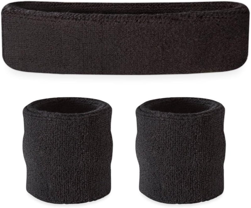 Sweatbands Set, Moisture Wicking 2 Wristbands and 1 Headband, Breathable Terry Cloth Athletic Bands for Basketball, Tennis, Yoga, Gym, Sweat Bands for Costumes and Cosplay