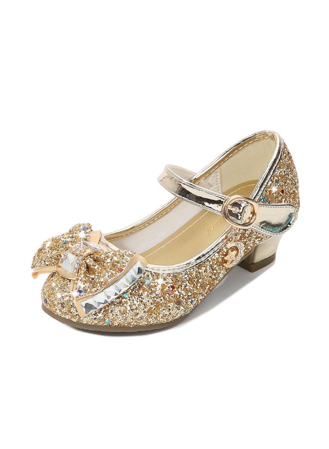 Spring And Autumn New Girls' High-heeled Leather Shoes Sequined Crystal Shoes Little Girls' Bow-knot Children's Dance Shoes