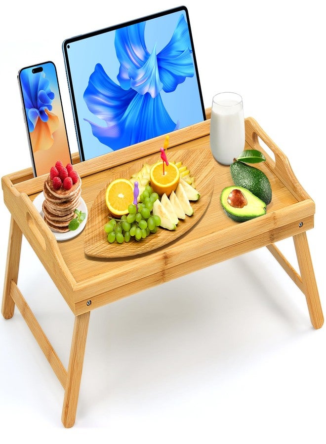 Lesnople Tray Table for Bed, Bamboo Breakfast Tray with Folding Legs and Handles, Natural Color Bed Tray with Media Slot, Ideal for Eating, Serving or Working in Kitchen, Sofa or Bedroom - Image 1