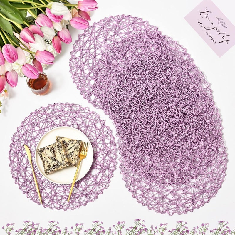 IcosaMro Purple Round Placemats Set of 6 for Dining Table 15 Inch Paper Woven Boho Decorative Circle Place Mat for Wedding Christmas Thanksgiving Day Holiday Dinner Lavender - Image 1