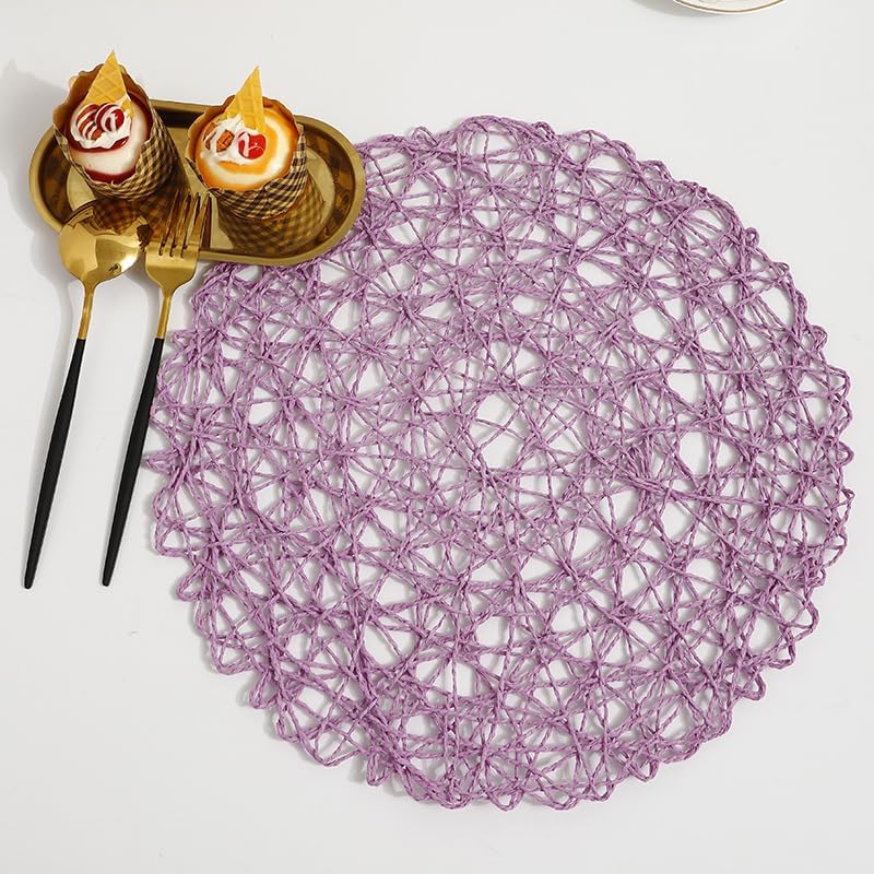 IcosaMro Purple Round Placemats Set of 6 for Dining Table 15 Inch Paper Woven Boho Decorative Circle Place Mat for Wedding Christmas Thanksgiving Day Holiday Dinner Lavender - Image 5