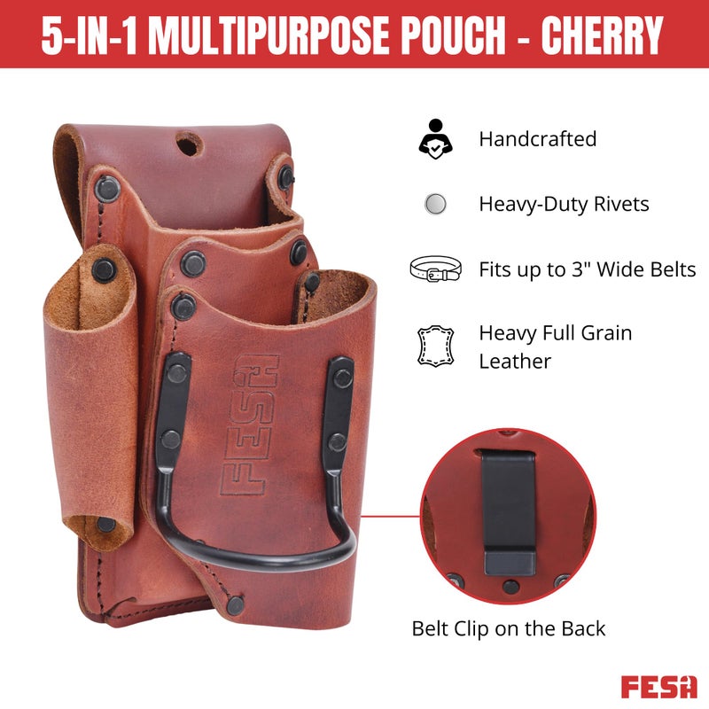 FESA Small Leather Tool Pouch - 5-in-1 Heavy Full Grain Leather Small Tool Pouch w/ 4 Pockets, Steel Hammer Loop & Reinforced Heavy Duty Rivets - Fits Men's Work Belts up to 3" - Handcrafted (Cherry) - Image 2