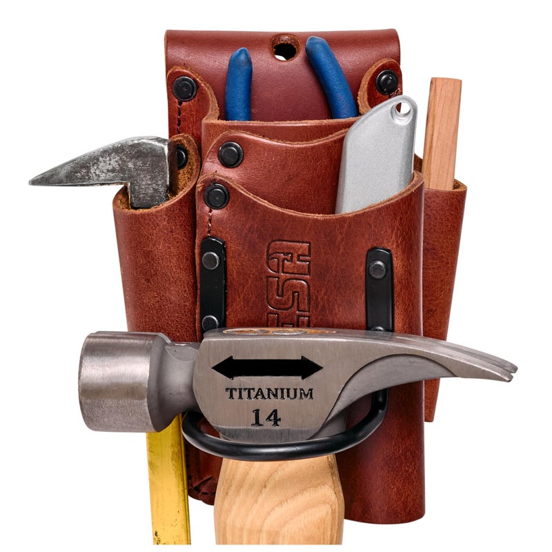 FESA Small Leather Tool Pouch - 5-in-1 Heavy Full Grain Leather Small Tool Pouch w/ 4 Pockets, Steel Hammer Loop & Reinforced Heavy Duty Rivets - Fits Men's Work Belts up to 3" - Handcrafted (Cherry) - Image 1