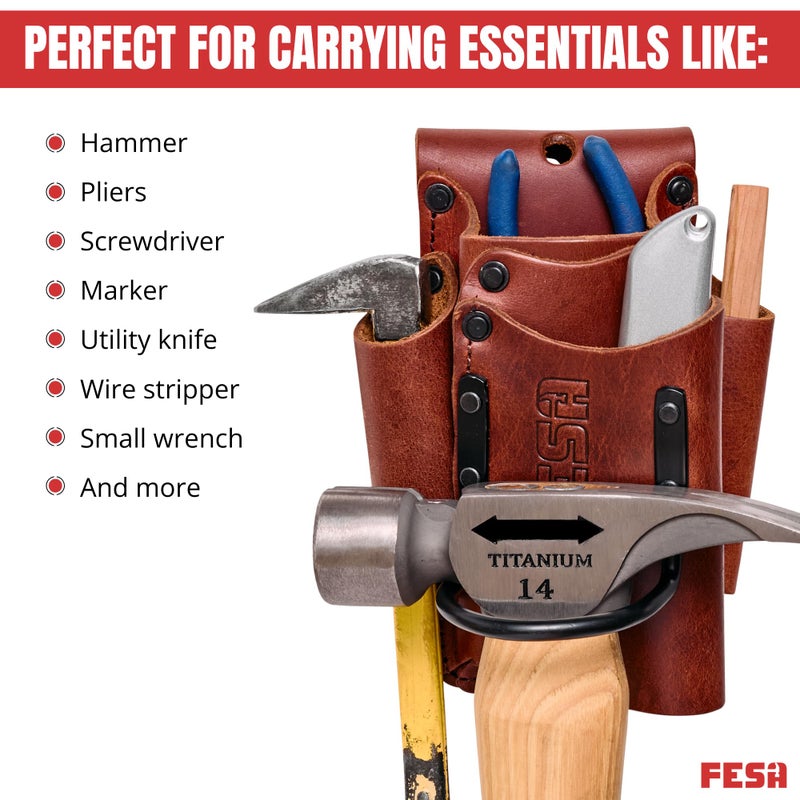 FESA Small Leather Tool Pouch - 5-in-1 Heavy Full Grain Leather Small Tool Pouch w/ 4 Pockets, Steel Hammer Loop & Reinforced Heavy Duty Rivets - Fits Men's Work Belts up to 3" - Handcrafted (Cherry) - Image 5