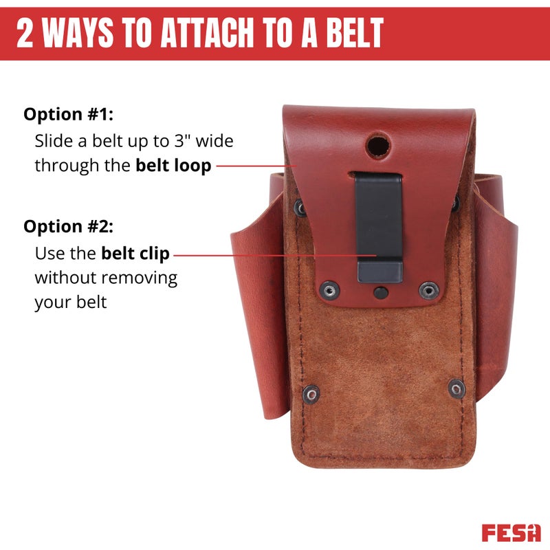 FESA Small Leather Tool Pouch - 5-in-1 Heavy Full Grain Leather Small Tool Pouch w/ 4 Pockets, Steel Hammer Loop & Reinforced Heavy Duty Rivets - Fits Men's Work Belts up to 3" - Handcrafted (Cherry) - Image 4