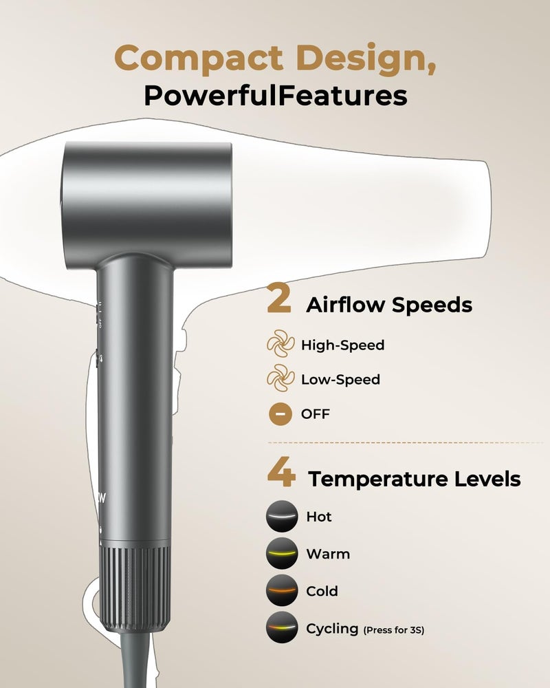 ZMZW High Speed Ionic Hair Dryer, 160,000 RPM Professional Brushless Motor Blow Dryer for Fast Drying, 500M Negative Ions for Frizz-Free Shine, Quiet & Lightweight with Magnetic Diffuser & Nozzle - Image 5