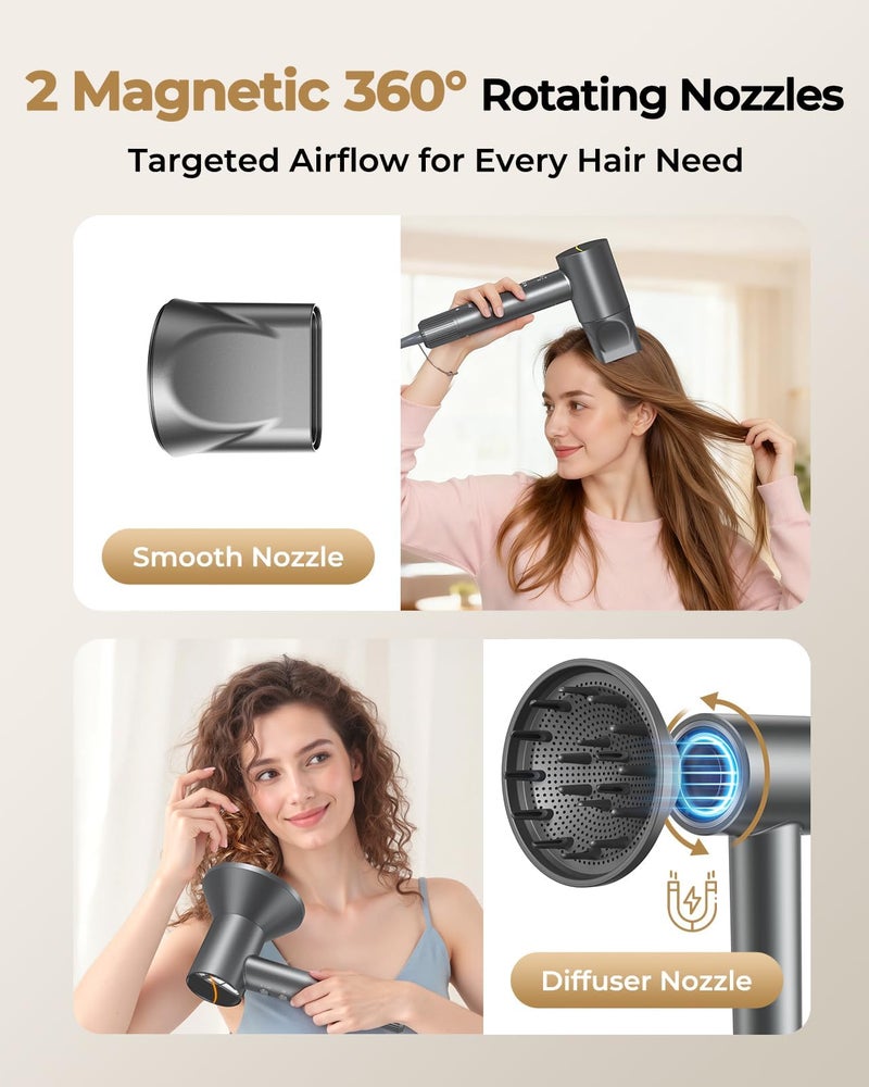 ZMZW High Speed Ionic Hair Dryer, 160,000 RPM Professional Brushless Motor Blow Dryer for Fast Drying, 500M Negative Ions for Frizz-Free Shine, Quiet & Lightweight with Magnetic Diffuser & Nozzle - Image 4