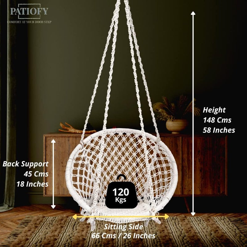 Patiofy أرجوحة منزلية دائرية من القطن للبالغين والأطفال من Patiofy || أرجوحة معلقة للشرفة، داخلية وخارجية || سعة تصل إلى 120 كجم || جولا منزلية مصنوعة يدويًا || كرسي أرجوحة خشبي (أبيض) - Image 3