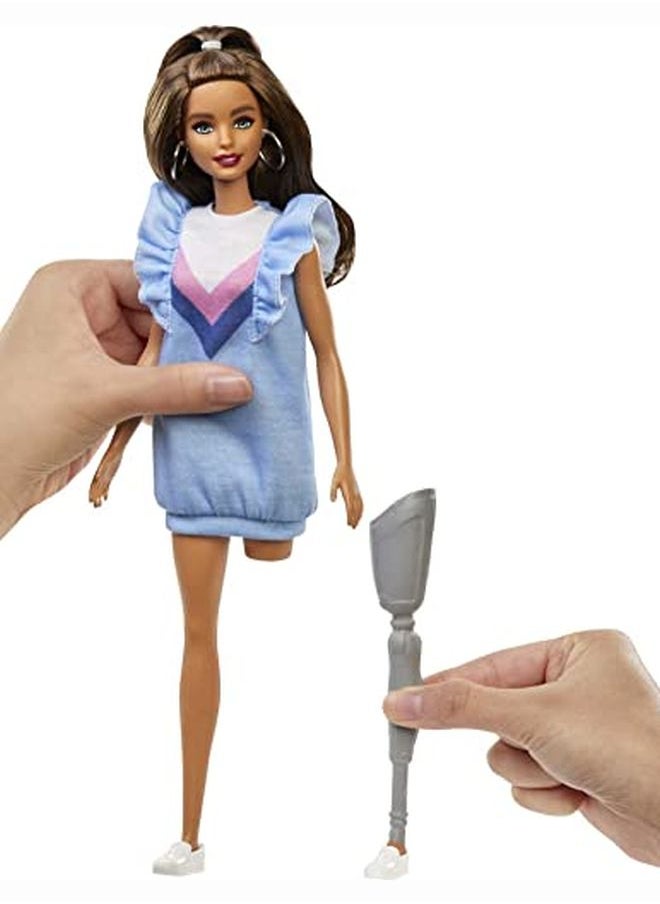 Barbie - Fashionistas Doll 121 With Long Brunette Hair And Prosthetic Leg Wearing Sweater Dress And Accessories For 3 To 8 Year Olds Blue - Image 1