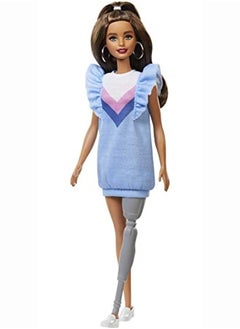 Fashionistas Doll 121 With Long Brunette Hair And Prosthetic Leg Wearing Sweater Dress And Accessories For 3 To 8 Year Olds Blue