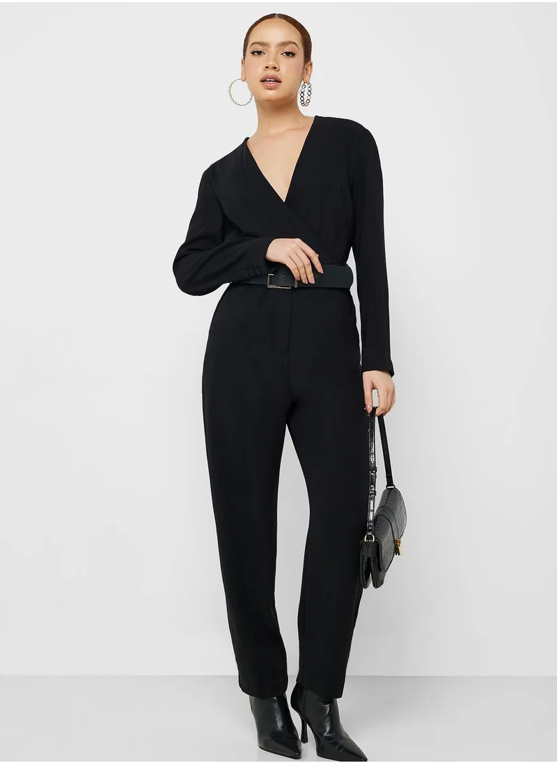 MANGO Belted V-Neck Jumpsuit