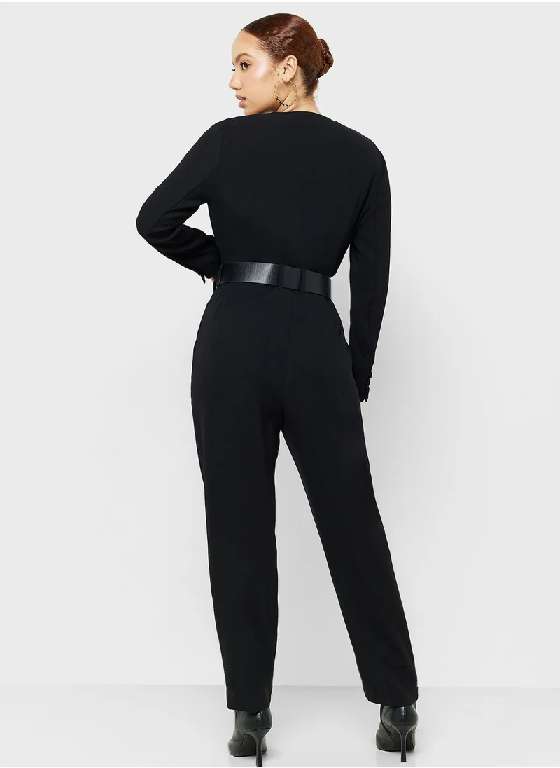 MANGO Belted V-Neck Jumpsuit