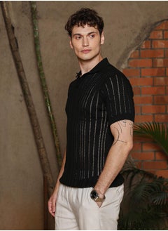 كامبوس سوترا Men's Obsidian Black Stripe-Textured Polo T-Shirt  - Image 3