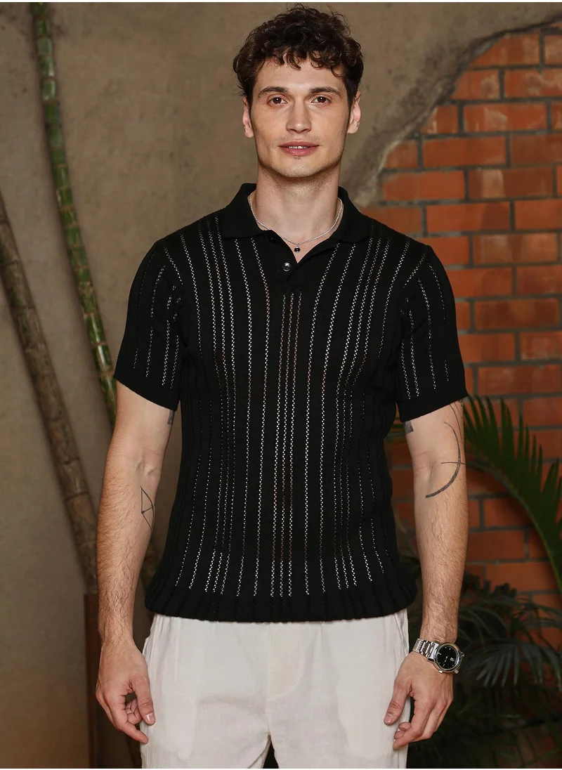Campus Sutra Men's Obsidian Black Stripe-Textured Polo T-Shirt