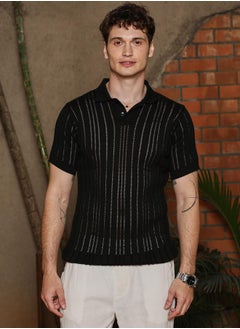 كامبوس سوترا Men's Obsidian Black Stripe-Textured Polo T-Shirt  - Image 2