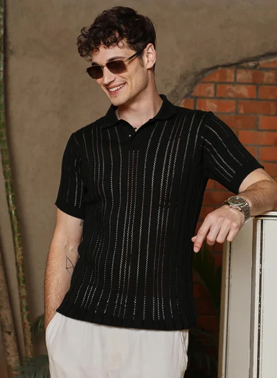 Campus Sutra Men's Obsidian Black Stripe-Textured Polo T-Shirt