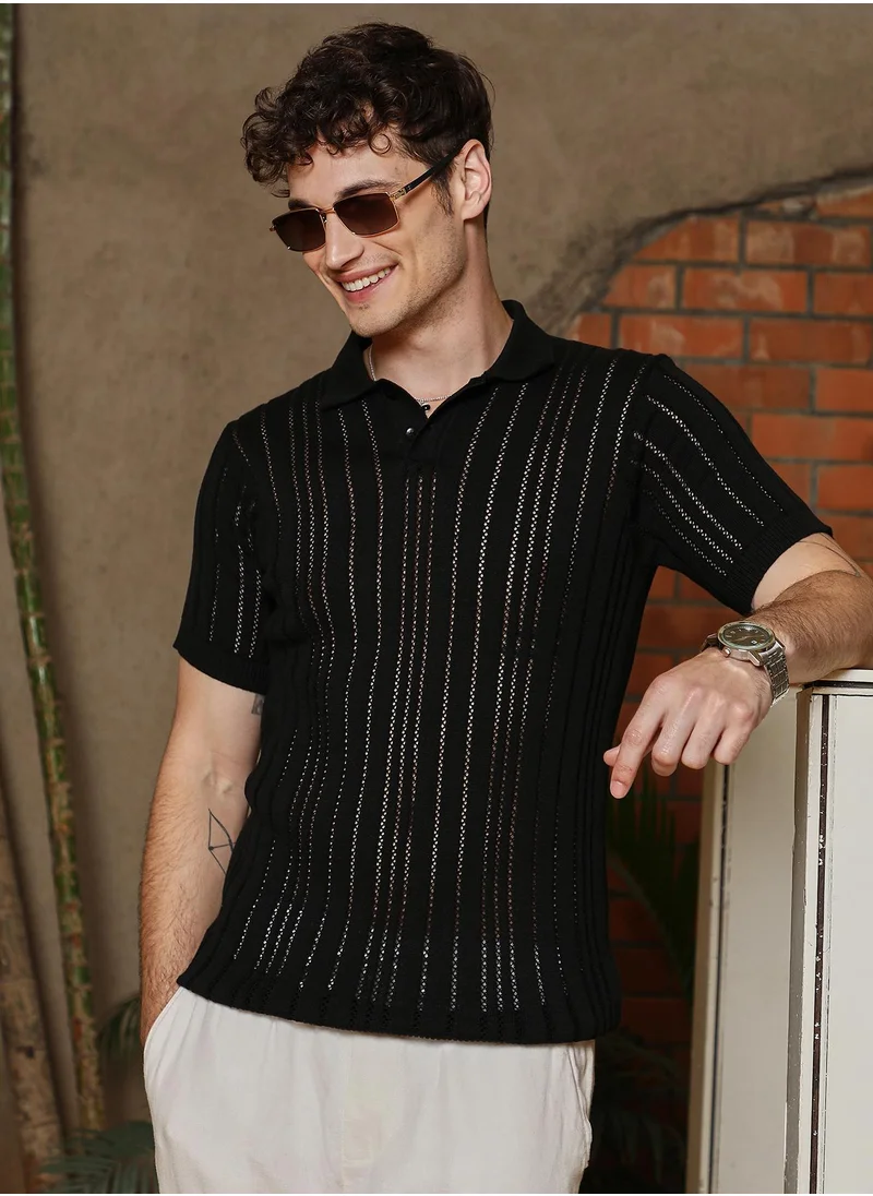 Campus Sutra Men's Obsidian Black Stripe-Textured Polo T-Shirt