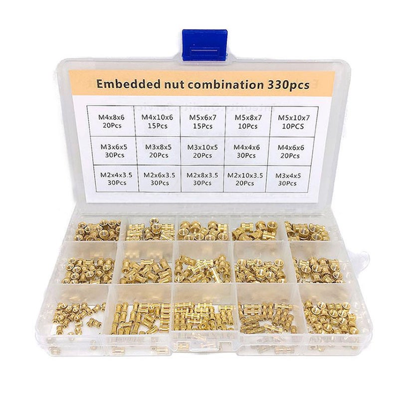 330pcs Embedded Nut Combination Copper Nut M2/M3/M4/M5 Brass Knurled Round Molded-in Insert Nut Packed in Organizer Box - Image 1