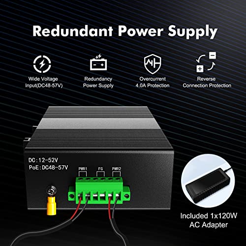 MokerLink 8 Port PoE Gigabit Industrial DIN-Rail Ethernet Switch, 96W PoE+ Power, 16Gbps Switching Capacity, IP40 Rated Unmanaged Network Switch (-40 to 185°F), with Power Supply - Image 5