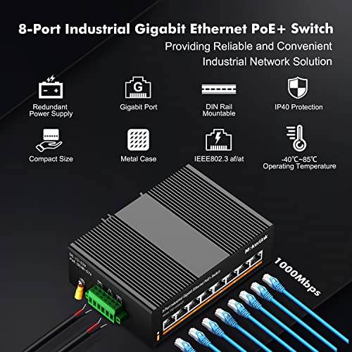 MokerLink 8 Port PoE Gigabit Industrial DIN-Rail Ethernet Switch, 96W PoE+ Power, 16Gbps Switching Capacity, IP40 Rated Unmanaged Network Switch (-40 to 185°F), with Power Supply - Image 2