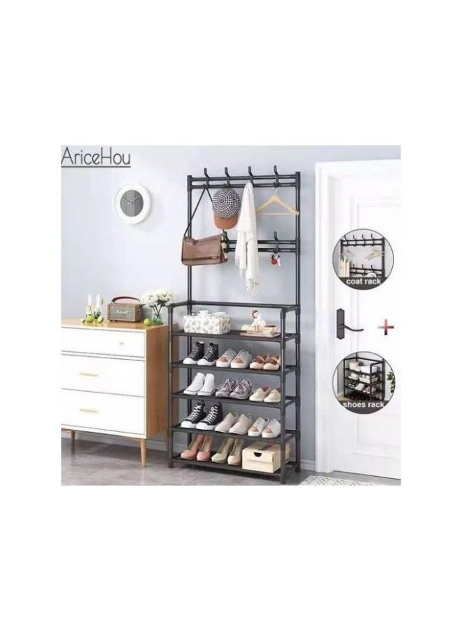 بلومنغ تايم رفوف تخزين الأحذية، رف المعاطف والأحذية، رف المعاطف مع تخزين الأحذية، رف أحذية مطور من 5 طبقات، رف أحذية أسود، منظم تخزين الأحذية، رف أحذية مع 8 خطافات لغرفة النوم، الرواق، المكتب - Image 4
