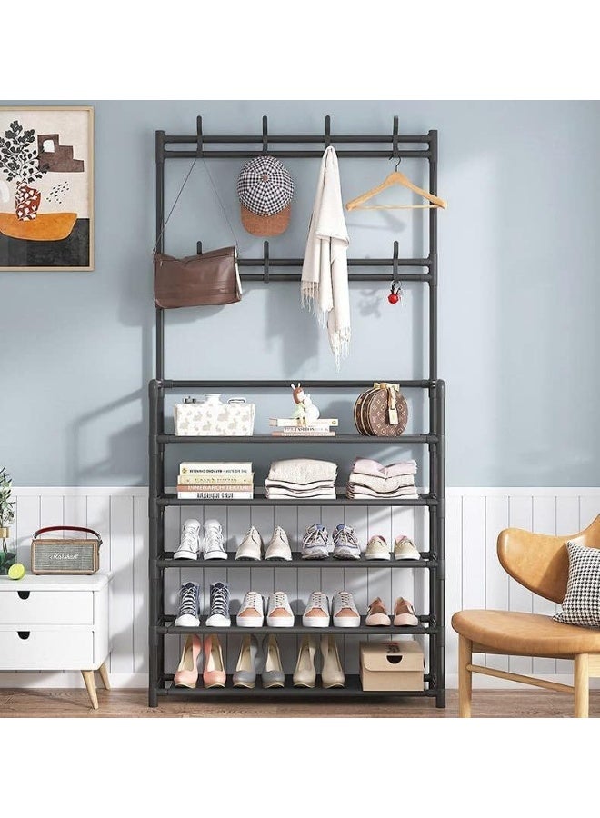 بلومنغ تايم رفوف تخزين الأحذية، رف المعاطف والأحذية، رف المعاطف مع تخزين الأحذية، رف أحذية مطور من 5 طبقات، رف أحذية أسود، منظم تخزين الأحذية، رف أحذية مع 8 خطافات لغرفة النوم، الرواق، المكتب - Image 5