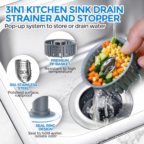zaa 2 Pack 3 in1 Kitchen Sink Drain Strainer & Sink Stopper, Pop Up Stainless Steel Kitchen Drain Plug & Cover with Anti-Clogging Basket Strainer, Fit US Standard 3-1/2'' Drain Hole - Image 2