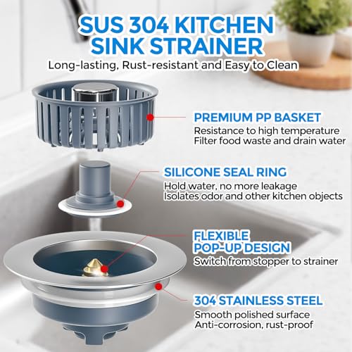 zaa 2 Pack 3 in1 Kitchen Sink Drain Strainer & Sink Stopper, Pop Up Stainless Steel Kitchen Drain Plug & Cover with Anti-Clogging Basket Strainer, Fit US Standard 3-1/2'' Drain Hole - Image 5