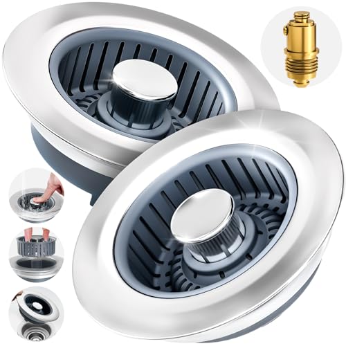 zaa 2 Pack 3 in1 Kitchen Sink Drain Strainer & Sink Stopper, Pop Up Stainless Steel Kitchen Drain Plug & Cover with Anti-Clogging Basket Strainer, Fit US Standard 3-1/2'' Drain Hole - Image 1