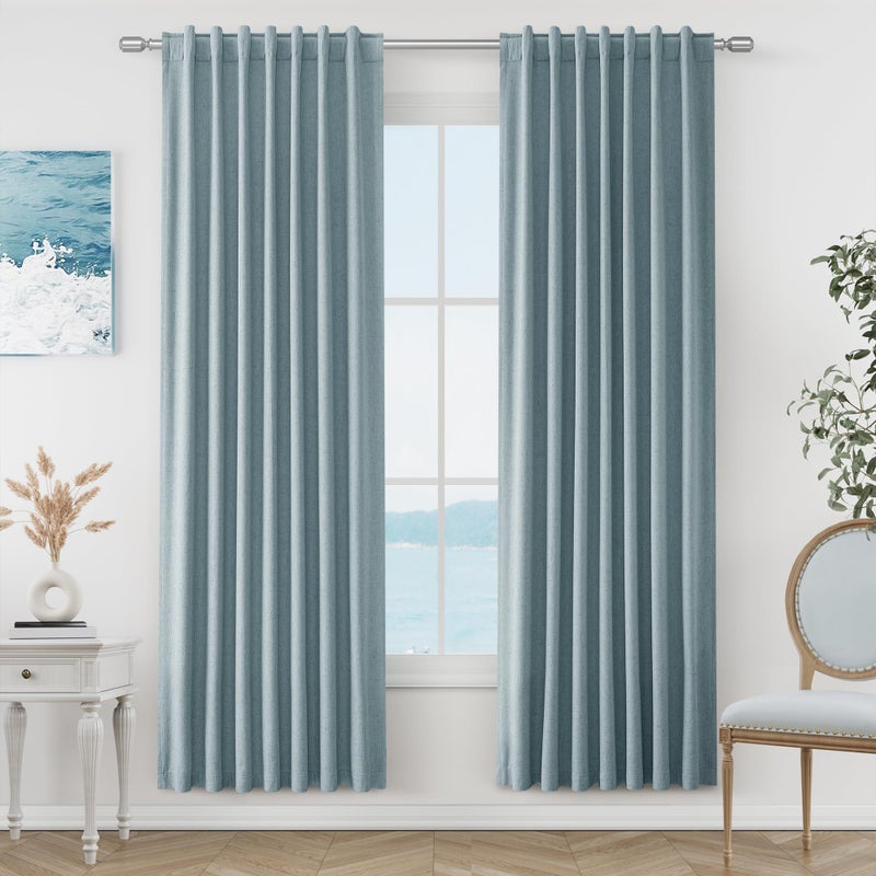 Guken Blue Linen Blackout Curtains 80 Inch Length 2 Panels Set for Living Room Bedroom Back Tab Thermal Insulated 100% Black Out Linen Drapes Room Darkening Window Curtains 80 Inches Long Dusty Blue - Image 1