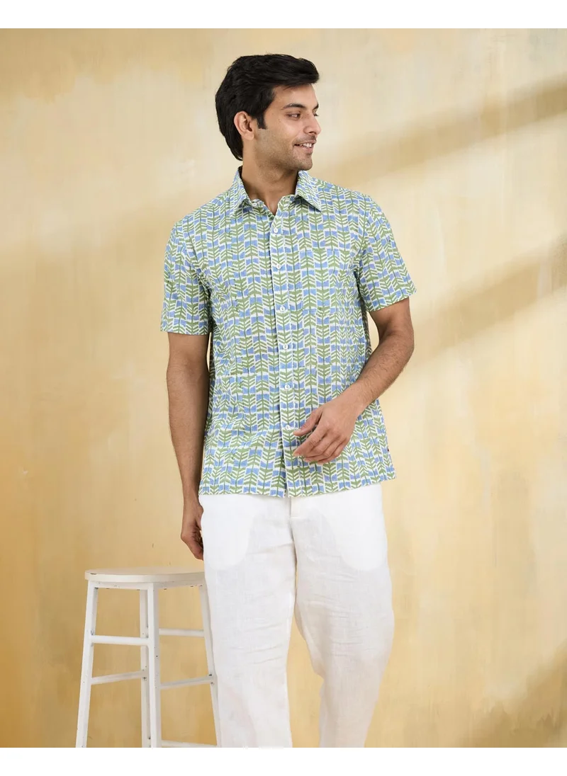 Fabindia Green Cotton Hand Block Printed Shirt