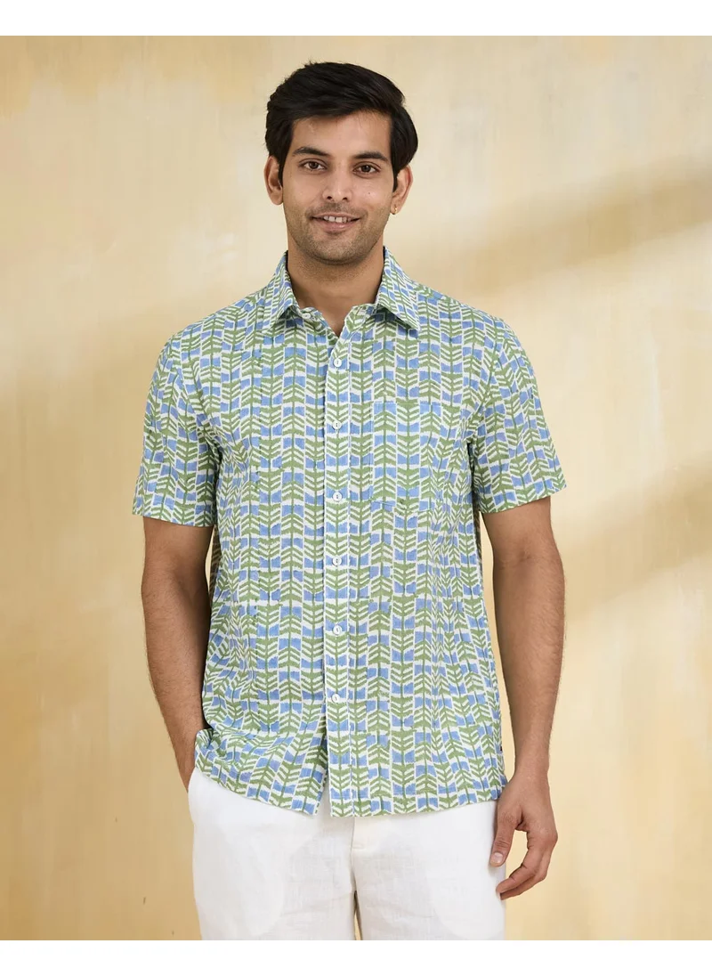 Fabindia Green Cotton Hand Block Printed Shirt