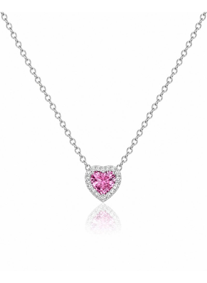 RAFAL Women's Silver-Tone Pink Heart Halo Crystal Pendant Necklace - Image 1