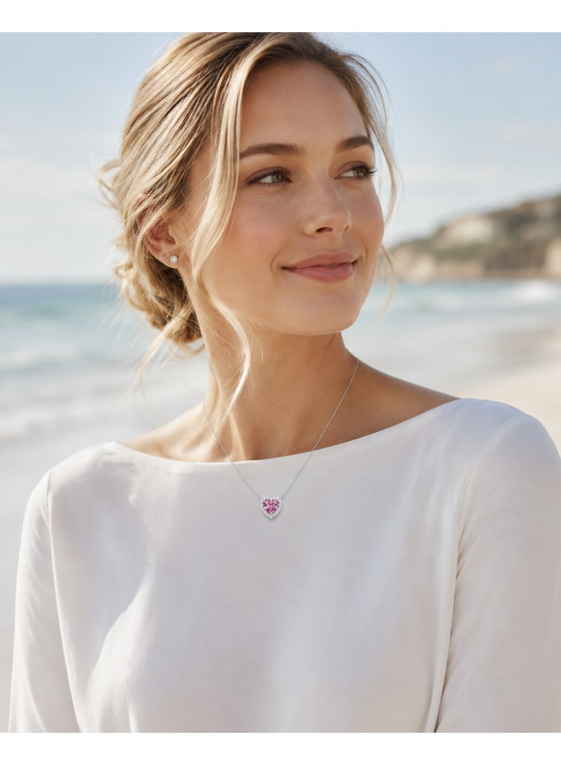 RAFAL Women's Silver-Tone Pink Heart Halo Crystal Pendant Necklace - Image 5