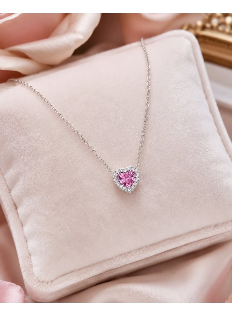 RAFAL Women's Silver-Tone Pink Heart Halo Crystal Pendant Necklace - Image 3