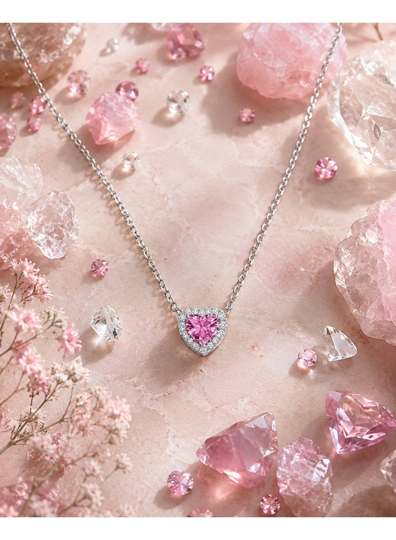 RAFAL Women's Silver-Tone Pink Heart Halo Crystal Pendant Necklace - Image 4