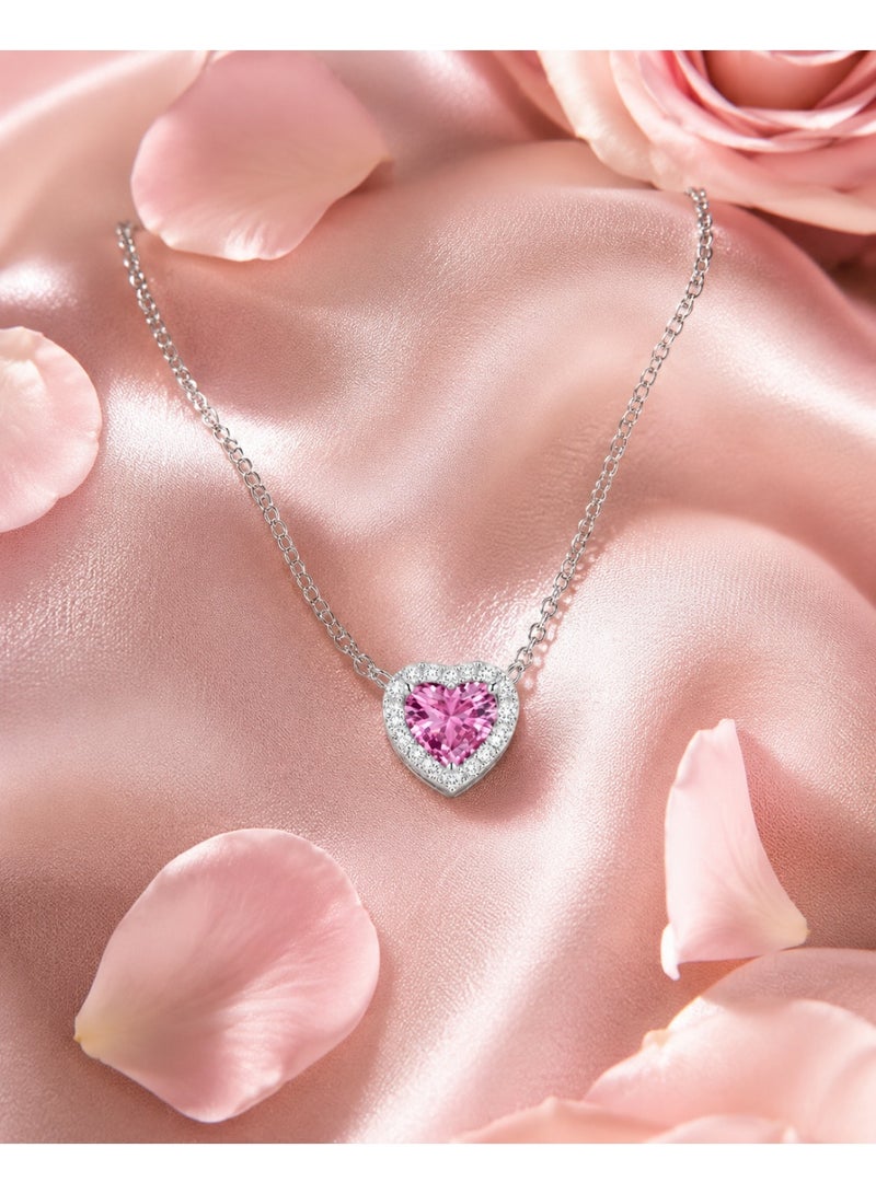 RAFAL Women's Silver-Tone Pink Heart Halo Crystal Pendant Necklace - Image 2