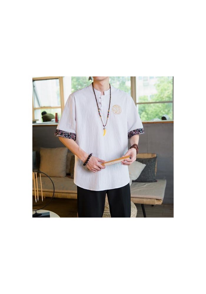 T-shirt Men's Chinese Style Embroidered Short-sleeved Linen Thin Top Trendy Brand T-shirt Cotton and Linen plus size Ethnic Style Half Sleeve - Image 1