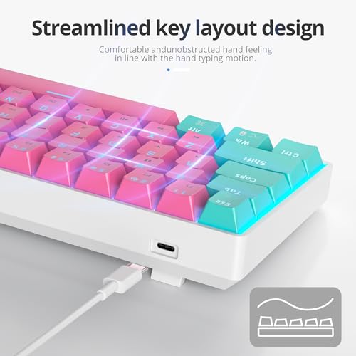 surmen 60% Percent Gaming Keyboard Mechanical with Linear Red Switch, 61-Keys Pink Mini Gaming Keyboard LED Light Backlit PBT Keycaps for Laptop, Desktop, PC Gamers (61Miami) - Image 4