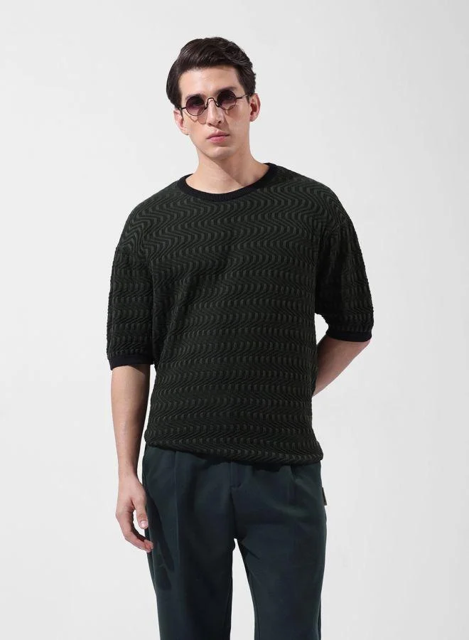 The Indian Garage Co Men Oversized Fit Textured Crew Neck Half Sleeves T-Shirt