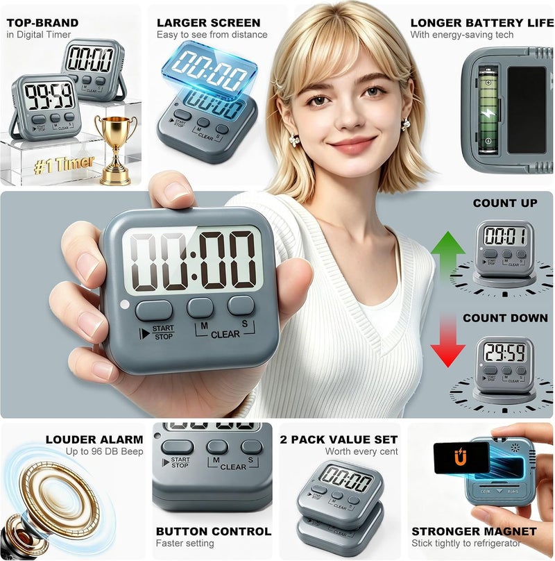 Antonki 2 Pack Digital Timer for Kids, Magnetic Countdown Kitchen Timers for Cooking, Egg, Classroom, Teacher, Exercise, Study, Oven - Battery Included - Image 4