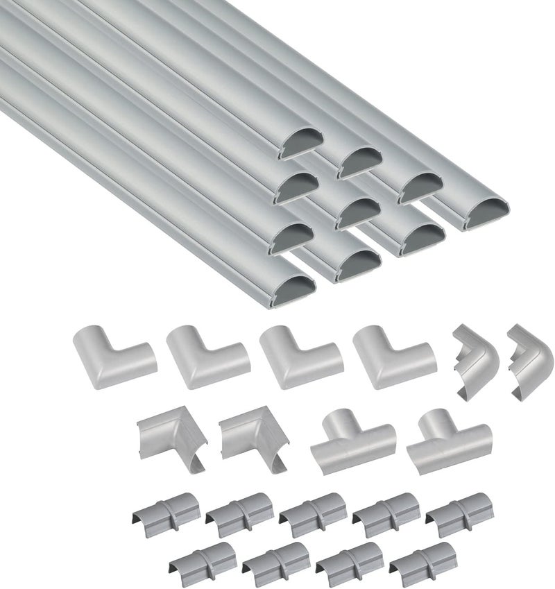 D-Line 157in Cord Cover Kit, Self-Adhesive Wire Hiders, Cable Raceway to Hide Wires on Wall, Electrical Cable Management - 10x 15.7 Lengths & 19 Accessories - 1.18" (W) x 0.59" (H) - Gray - Image 1