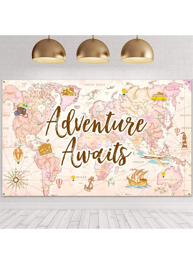 Tatuo Travel Themed Party Decorations Supplies Adventure Awaits Bon Voyage Backdrop Adventure Map Backdrop for Graduation Birthday Party Baby Shower Photo Booth Pink, 70.8 x 43.3 Inch - Image 1