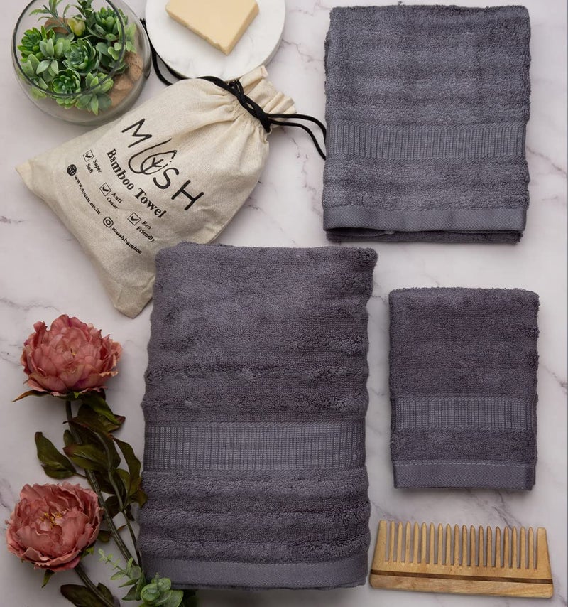Mush Bamboo Towels Set | Ultra Soft, Absorbent and Antimicrobial 600 GSM (2 Bath Towel, 2 Hand Towel and 2 Face Towel) Perfect for Daily Use and Gifting (Navy & Grey) - Image 2