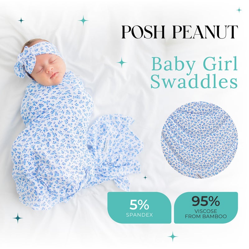 Posh Peanut طقم بطانية سواتل ورباط رأس من بوش بينت - قماش فسكوز من الخيزران لبطانية سواتل مرنة للبنات حديثي الولادة، بطانية استقبال أو غطاء للرضاعة - Image 2